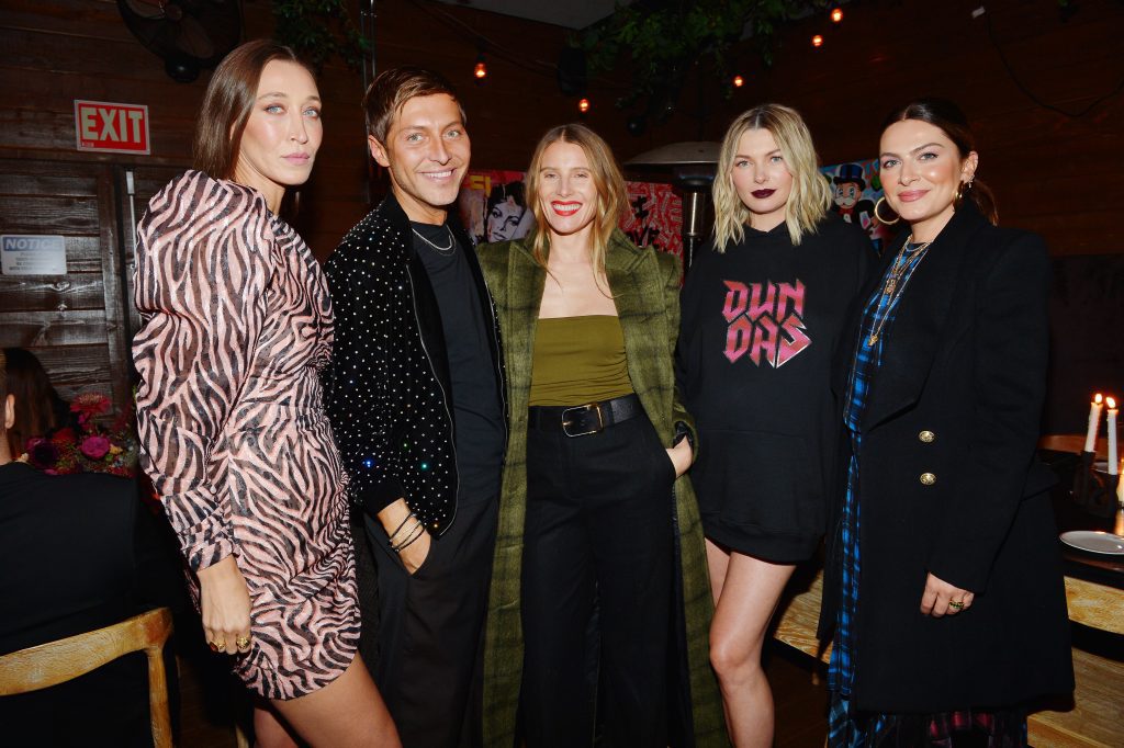 Alana Hadid, Evangelo Bousis, Dree Hemingway, Jessica Hart and Alex Nechita attend the 'Dundas x REVOLVE' 