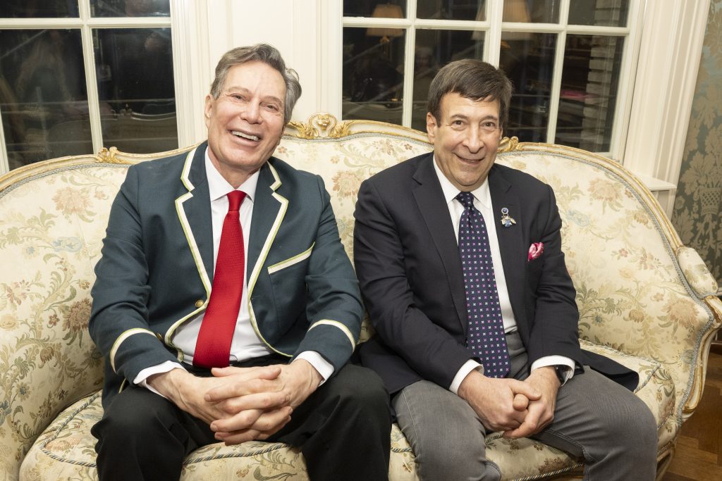 Matt Rich and Mark Simone attend  Holiday Party In Honor Of Candace Bushnell at Private Residence on December 20, 2023 in New York. (Photo by Michael Ostuni/PMC/PMC)