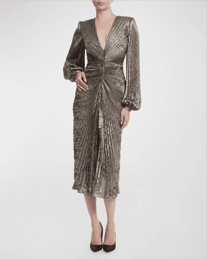 Badgley Mischka Collection Pleated Metallic Blouson-Sleeve Midi Dress in sizes 0-16 